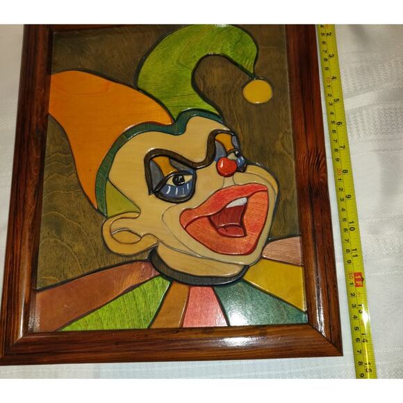 CREEPY CLOWN Colorful Art Picture Inlaid Wood JOKER JESTER Plaque 15x12 Signed - Picture 14 of 16